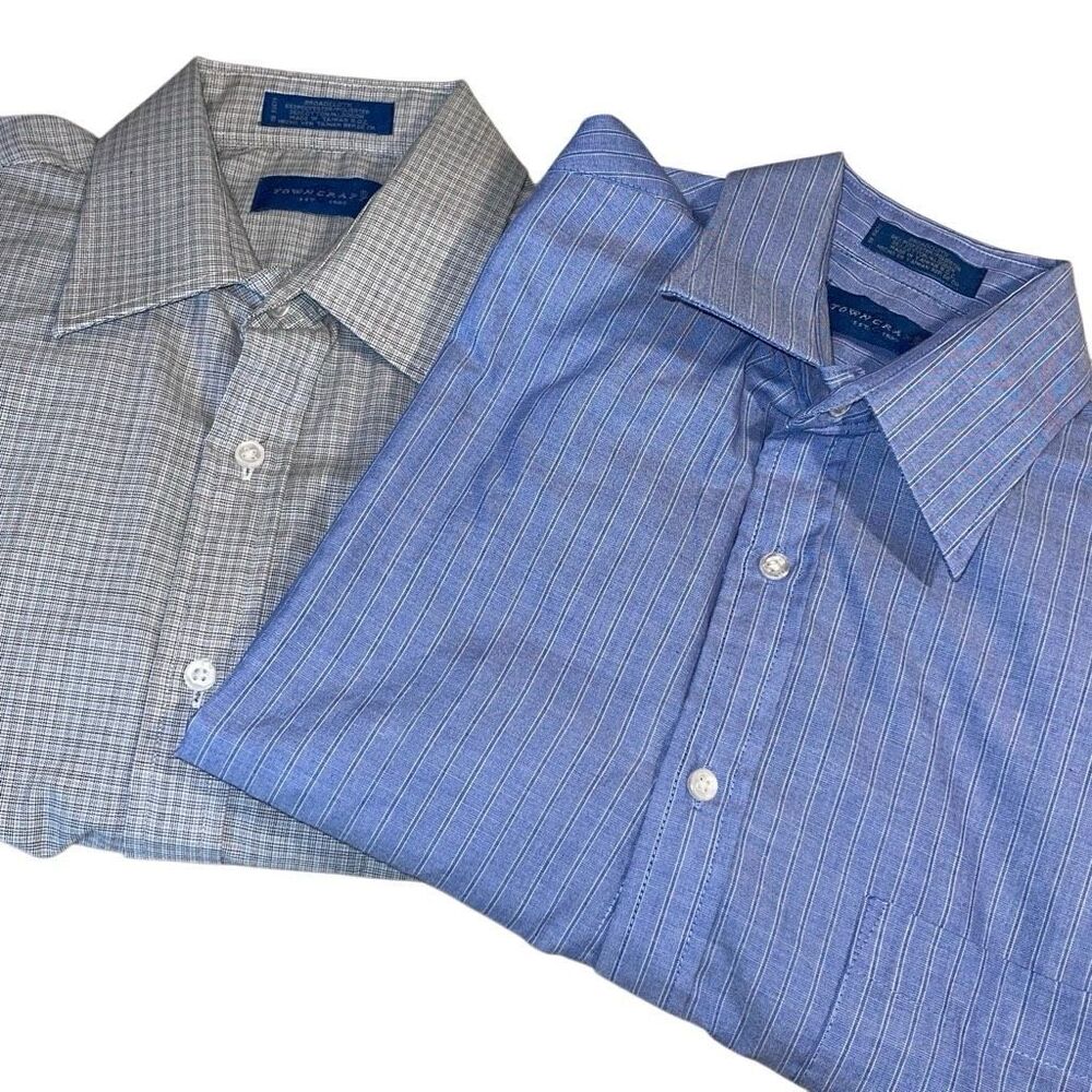 Set Of 2 Town Craft Mens Plaid Striped Long Sleeve Button Up Shirt Blue Tan Size